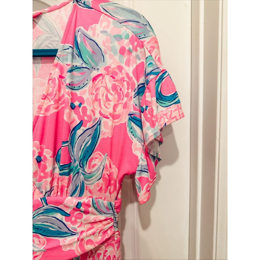 Lilly Pulitzer Maxi Dress Pink Positive Floral V-Neck Ruched Waist 58” Long Sml - Picture 4 of 10